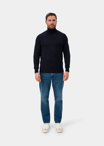Linton Merino Wool Roll Neck Jumper in Dark Navy - Regular Fit