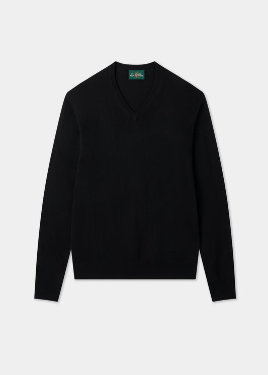 Men's Merino Wool Vee Neck Jumper in Black