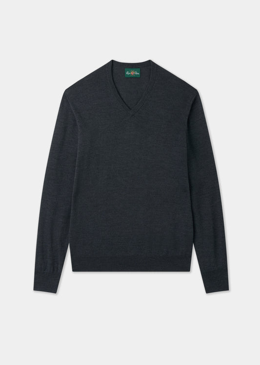 Men's Merino Wool Vee Neck Jumper in Charcoal