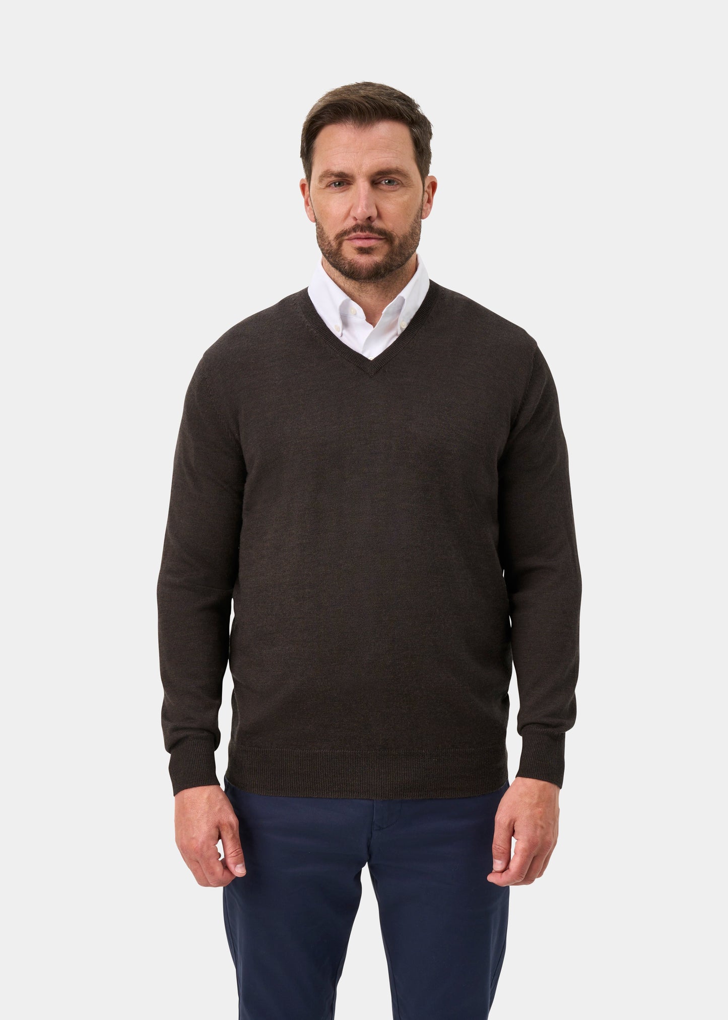 Millbreck Merino Wool V-Neck Jumper In Dark Brown - Regular Fit