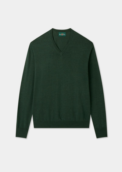 Men's Merino Wool Vee Neck Jumper in Hunter Green