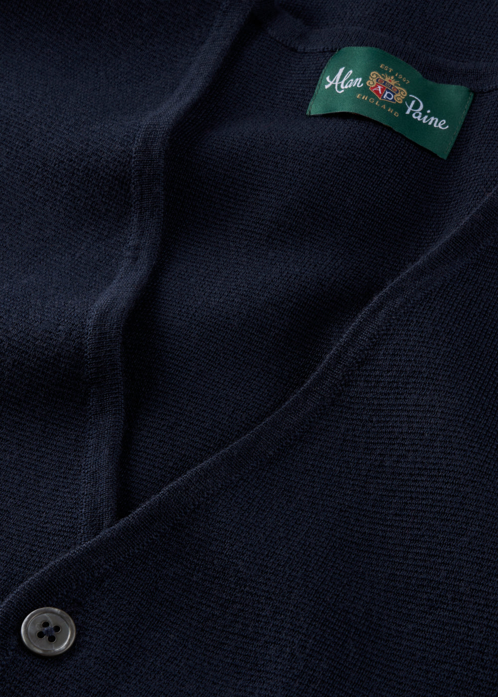 Thornley Merino Wool Tailored Dark Navy Waistcoat with a green neckline label and a single button.