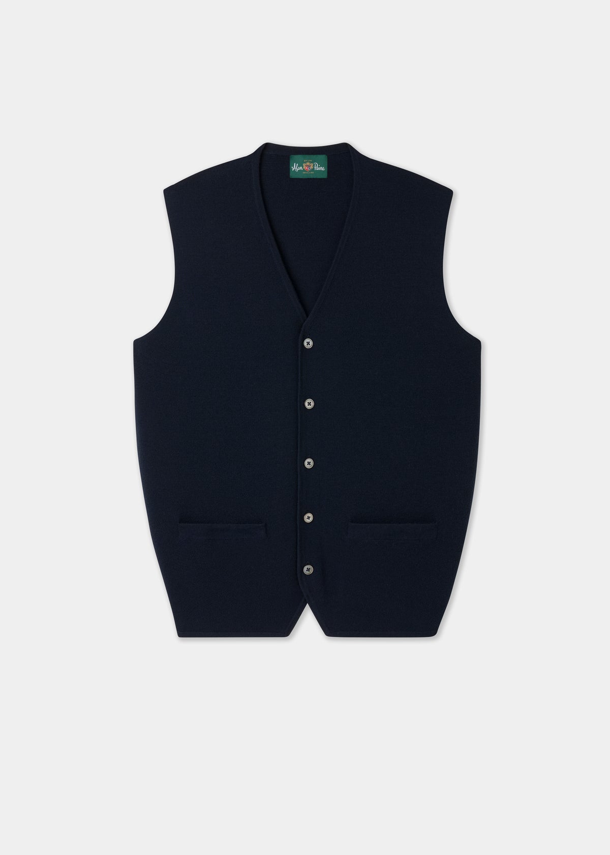 Thornley Merino Wool Tailored Dark Navy Waistcoat in dark navy merino wool with two front pockets.