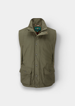 Alan Paine olive waterproof shooting waistcoat with cartridge pockets, hand-warmers, and a robust two-way zipper.