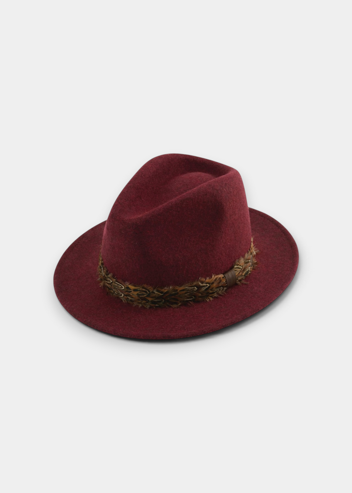 Flat lay of a burgundy wool felt fedora with olive-green leaf band, displayed on a white background.