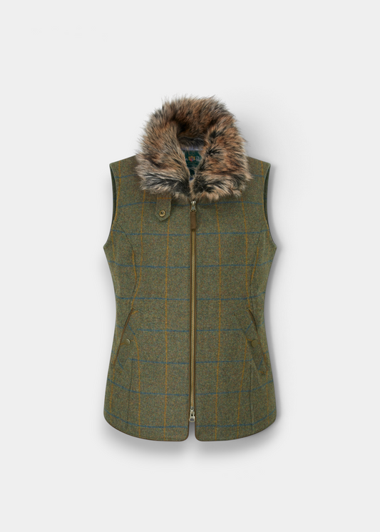 Alan Paine Surrey ladies tweed gilet in seabrook green with a detachable faux-fur collar and zip front fastening.