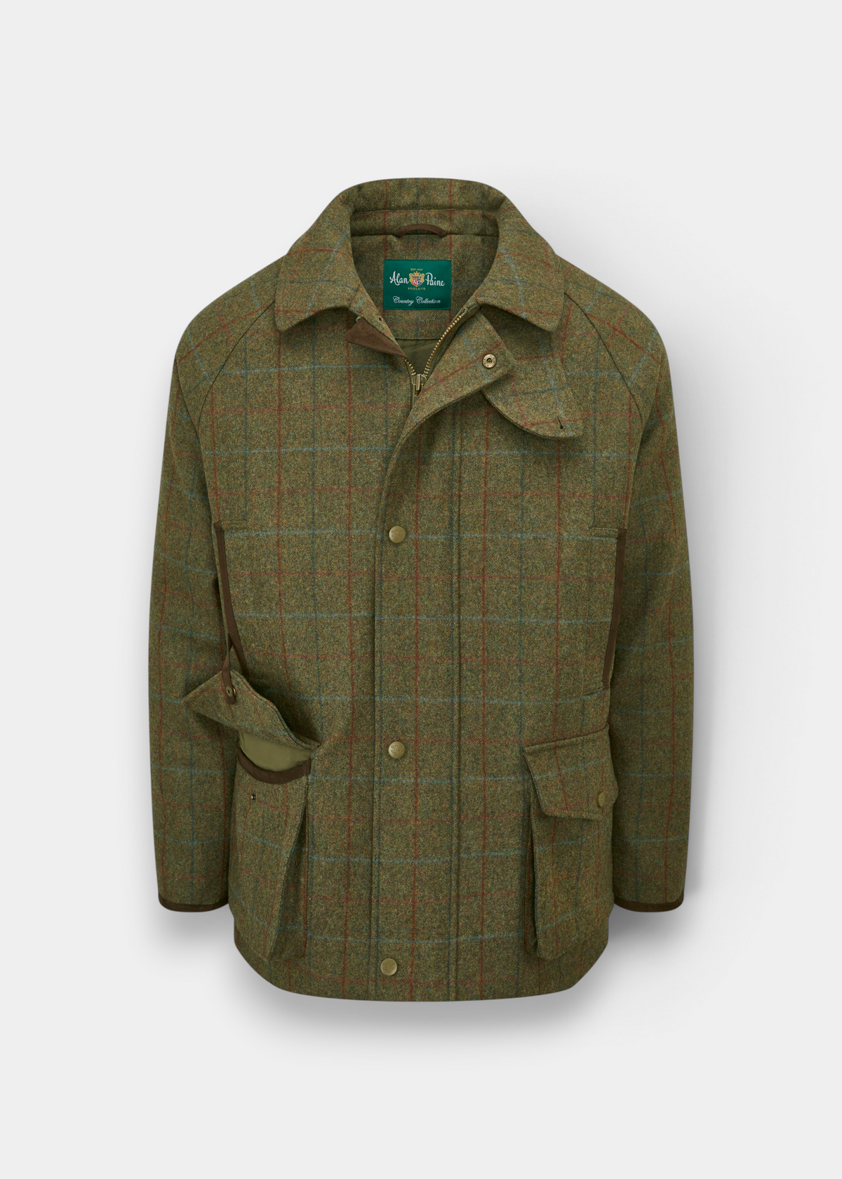 Surrey Men’s Tweed Waterproof Coat in Hawkswood, shooting fit, with collar, buttons, flap pockets, and brown trim.