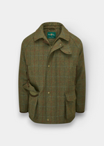 Surrey Men’s Tweed Waterproof Coat in Hawkswood, shooting fit, with collar, buttons, flap pockets, and brown trim.