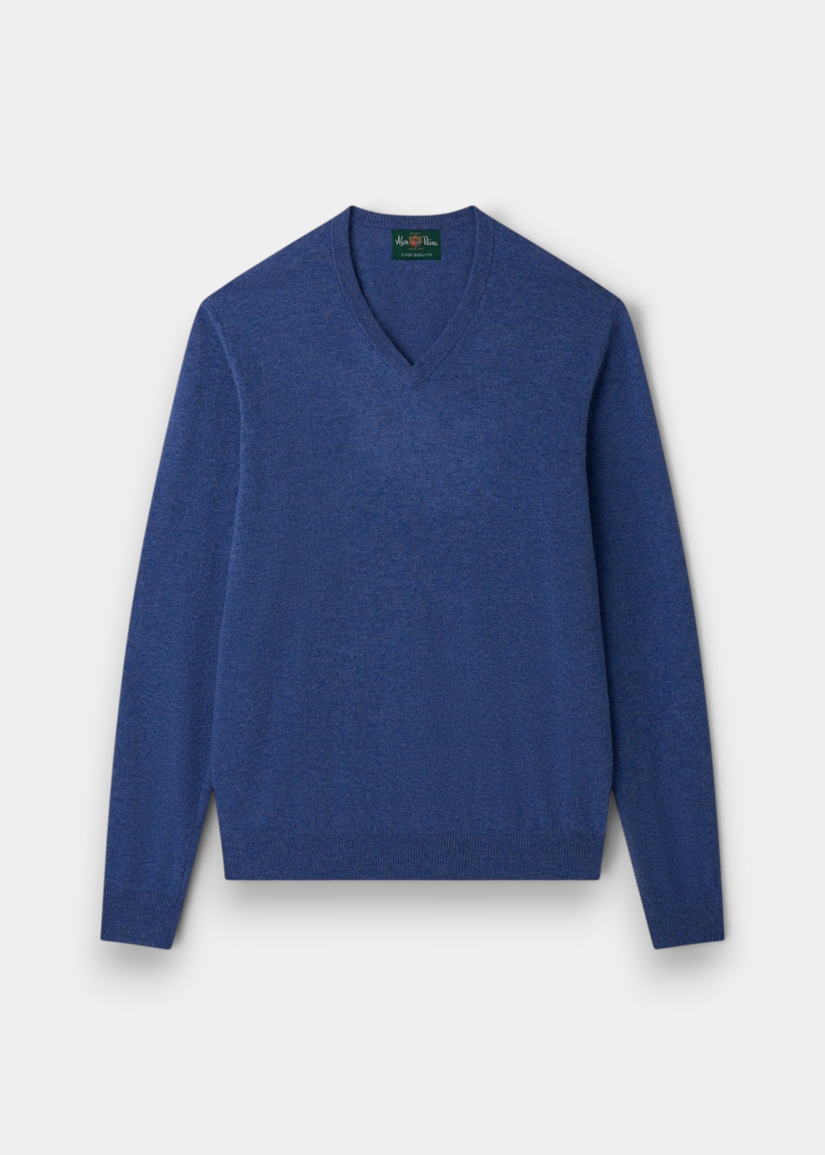 Albury Geelong Wool V-Neck Jumper in Ullswater, regular fit, laid flat on white; premium lambswool construction.