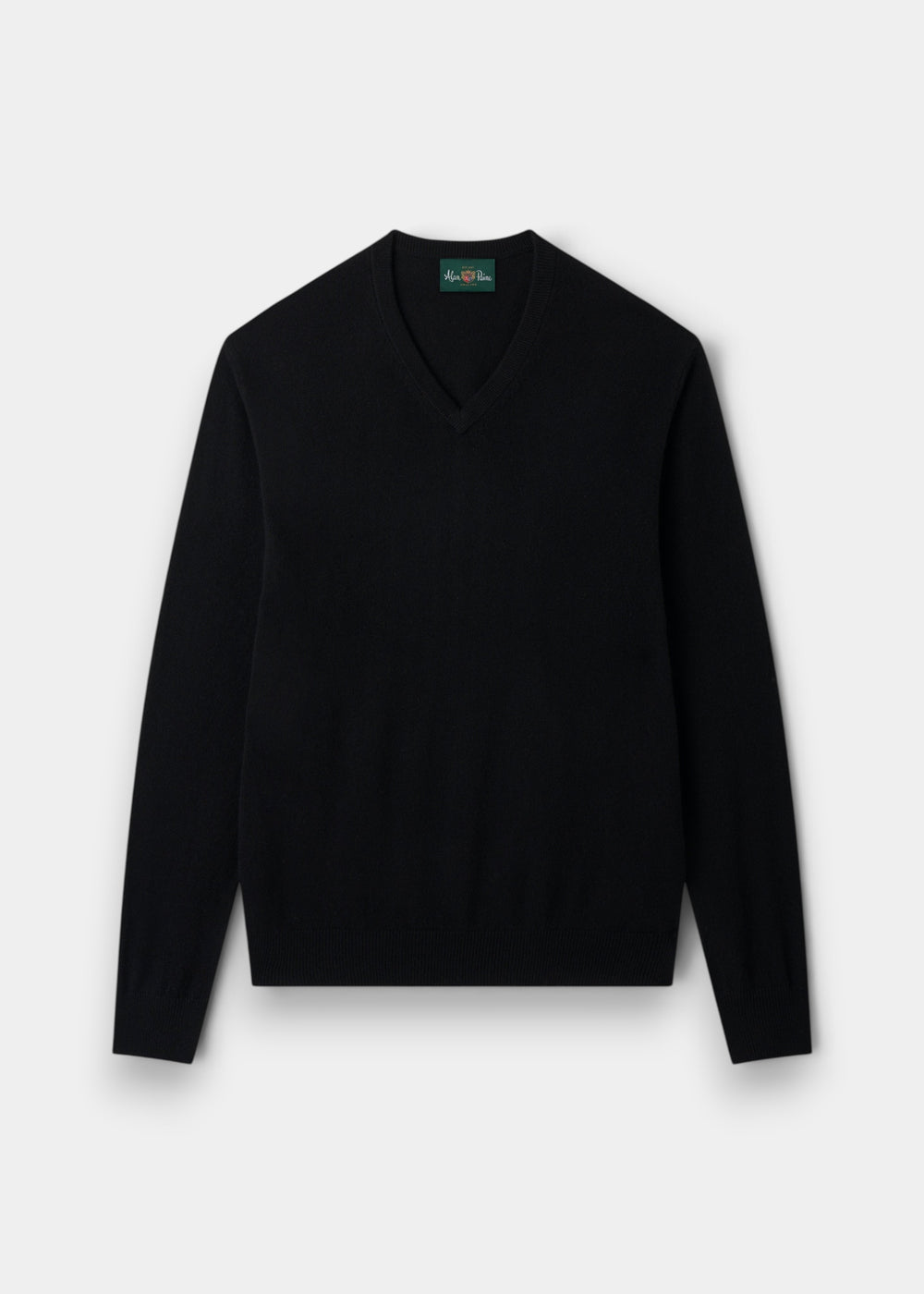 Haddington Pure Cashmere V-Neck Jumper in Black, regular fit, long sleeves, shown flat on white background.