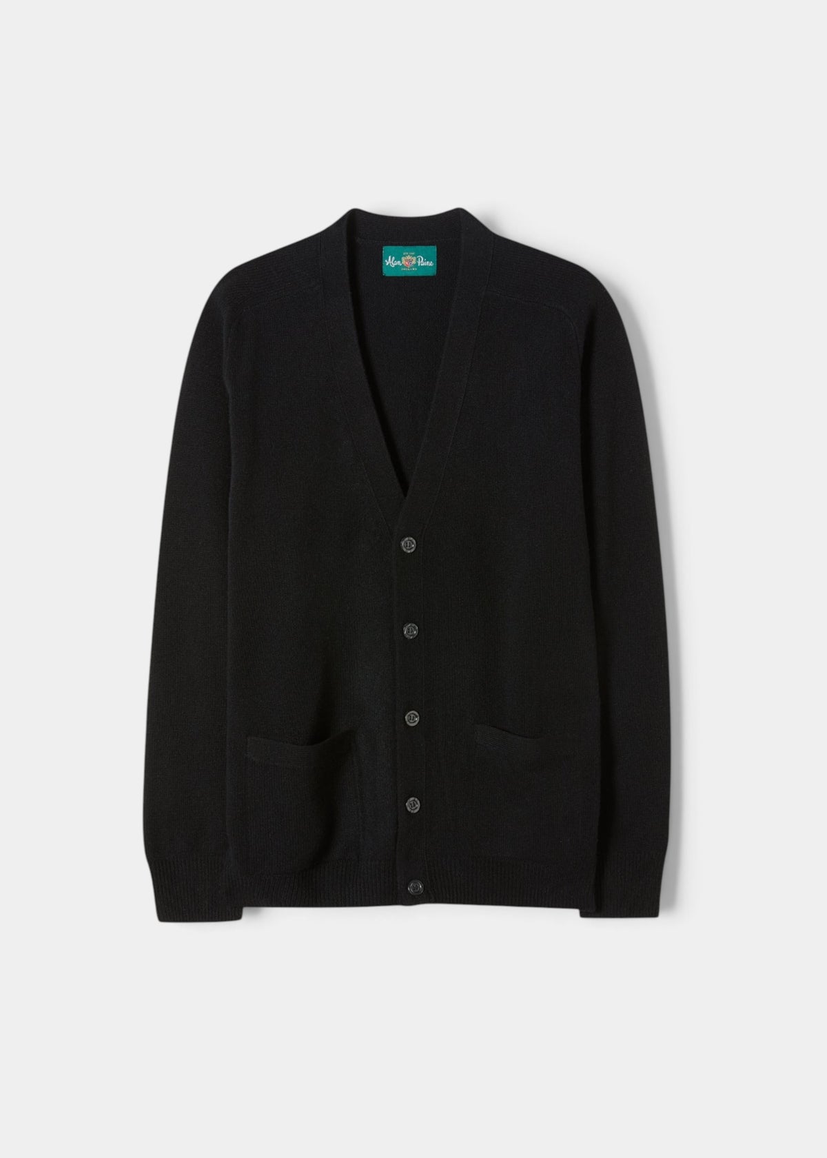 Alan Paine black lambswool cardigan with a V-neck, five-button front, and two jetted pockets in a classic fit.