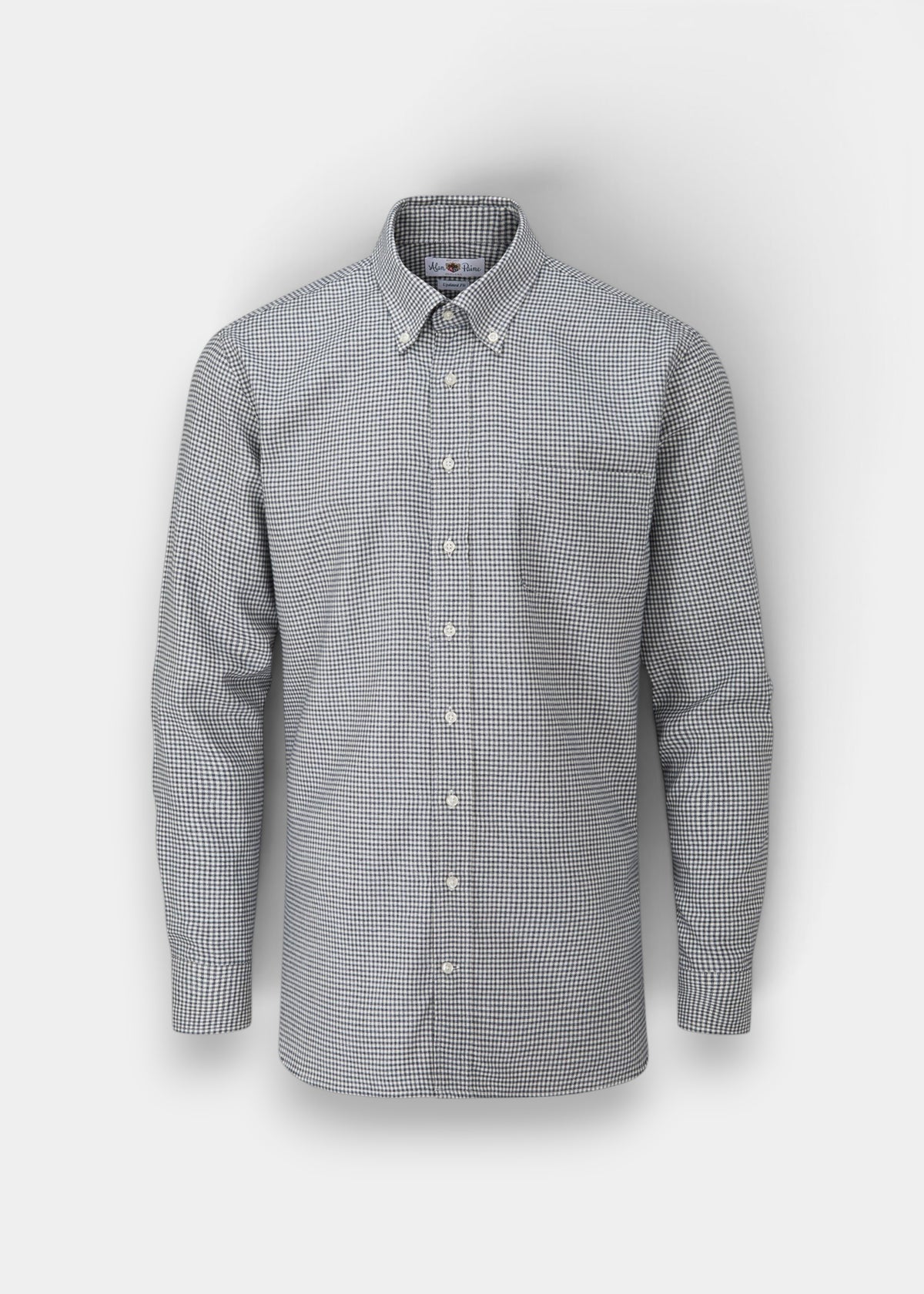 Alan Paine men's regular fit button-down shirt in blue and brown small check cotton fabric with a chest pocket.