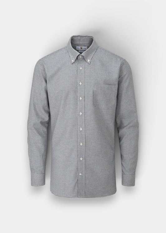 Alan Paine men's regular fit button-down shirt in blue and brown small check cotton fabric with a chest pocket.