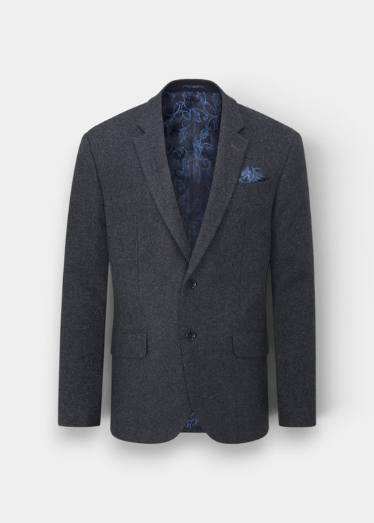 Alan Paine blue wool tweed blazer with two-button front, integrated pocket square, and patterned interior lining.
