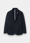 Alan Paine Bridgeford men's navy blue cotton summer blazer with two-button closure and striped interior lining.
