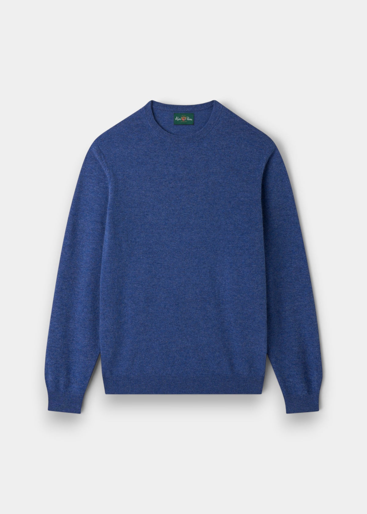 A Brisbane Geelong wool crew neck jumper in Ullswater is laid flat on a white background.