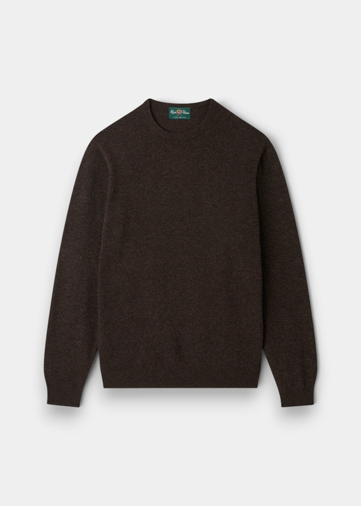 Alan Paine Brisbane crew neck jumper in cocoa brown, crafted from 100% Geelong lambswool with ribbed hem and cuffs.