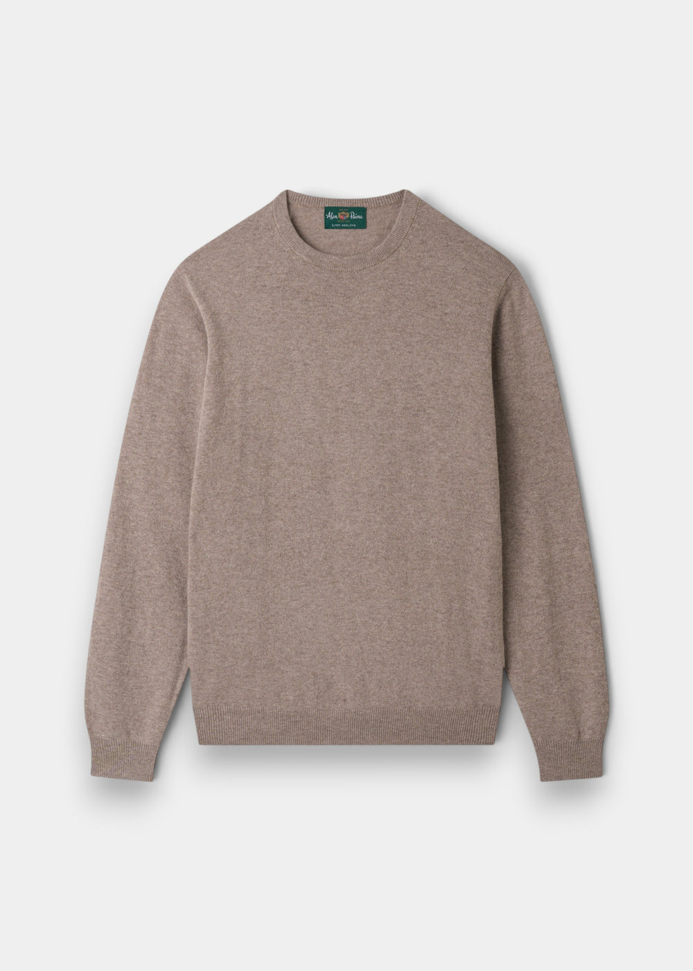 Alan Paine Brisbane crew neck jumper in mushroom geelong wool with ribbed cuffs and hem in a regular fit