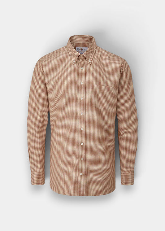 Alan Paine men's brown small check button-down shirt in soft cotton with a regular fit and classic collar.