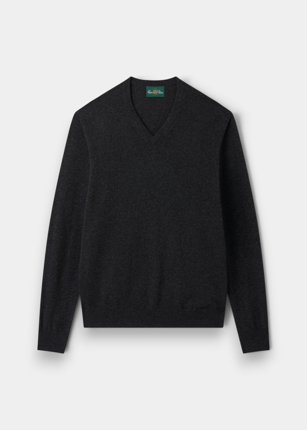Haddington Pure Cashmere V-Neck Jumper in Charcoal, regular fit, with long sleeves shown flat on a white background.
