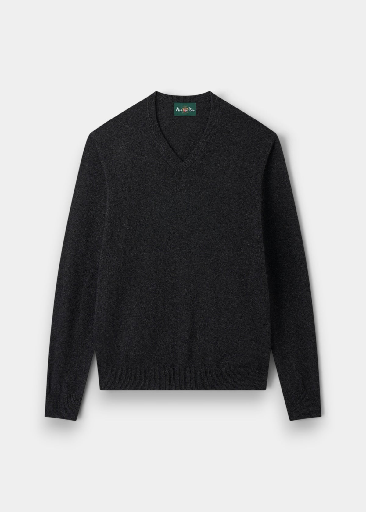 Haddington Pure Cashmere V-Neck Jumper in Charcoal, regular fit, with long sleeves shown flat on a white background.