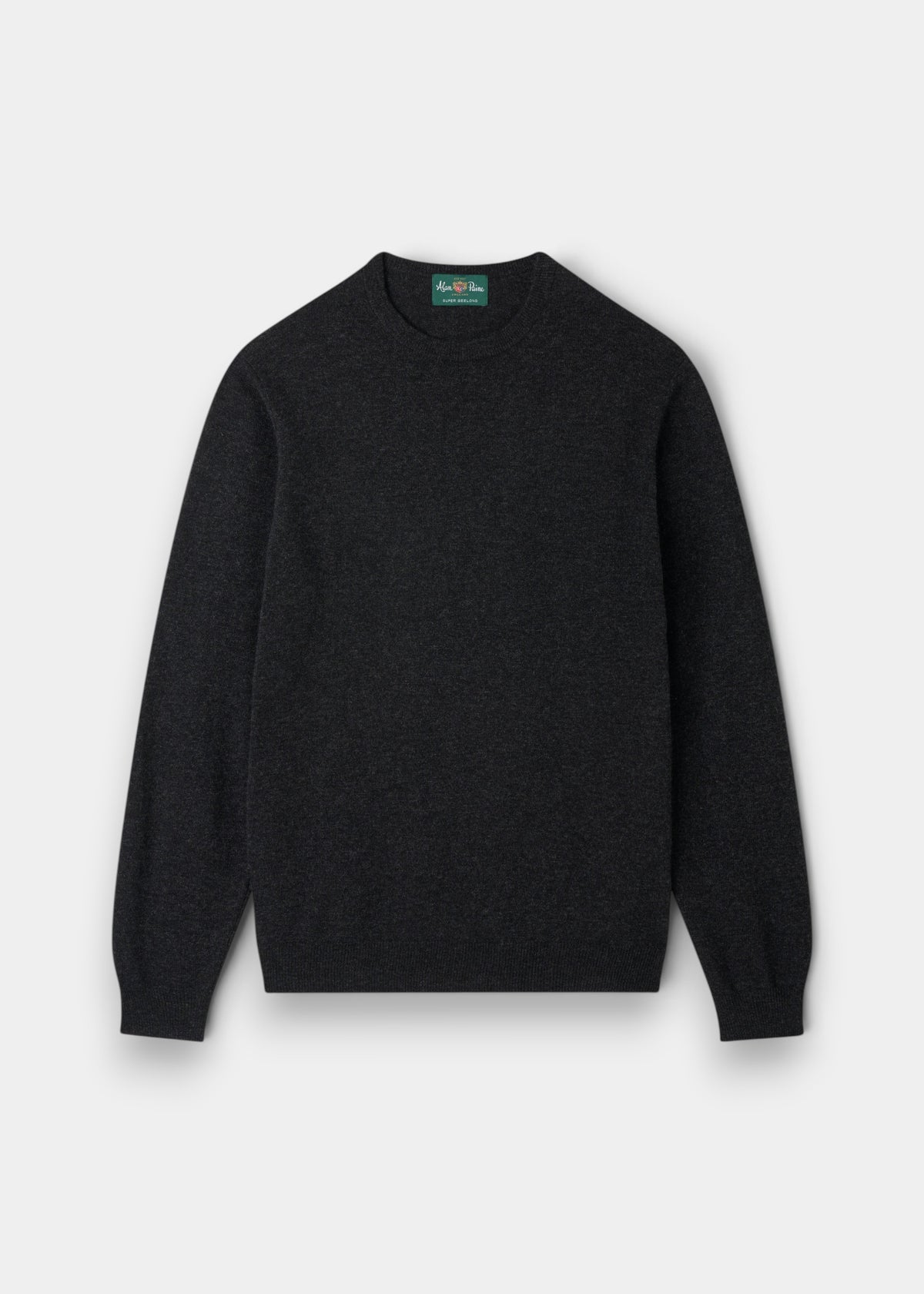 The Brisbane Geelong Wool Crew Neck Jumper in Charcoal (Regular Fit) is laid flat on a light gray background.