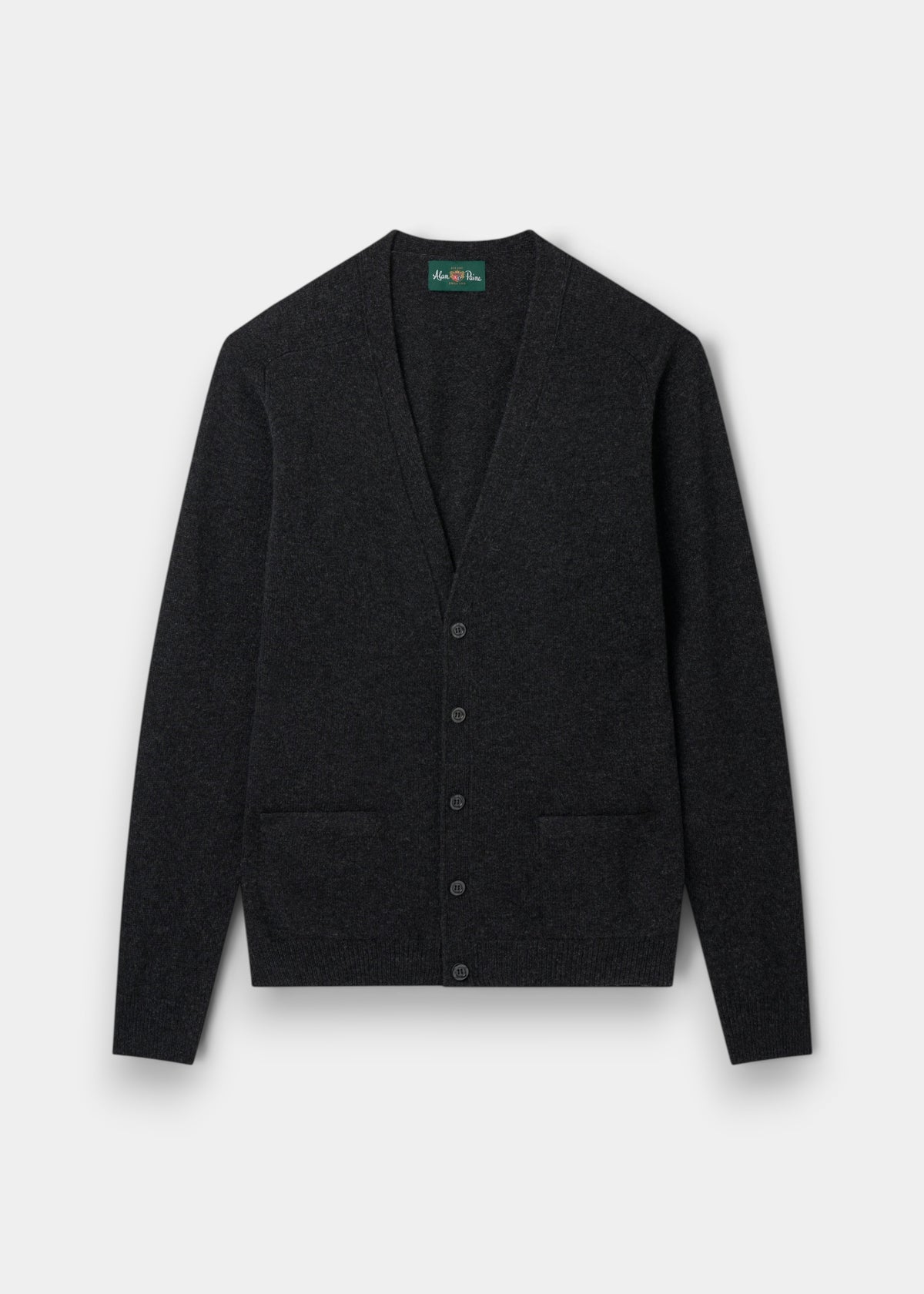 Alan Paine charcoal grey lambswool V-neck cardigan with five buttons, two jetted pockets, and ribbed hem and cuffs.
