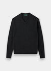 Alan Paine charcoal V-neck jumper in soft lambswool with a classic fit, saddle shoulders, and ribbed cuffs and hem.