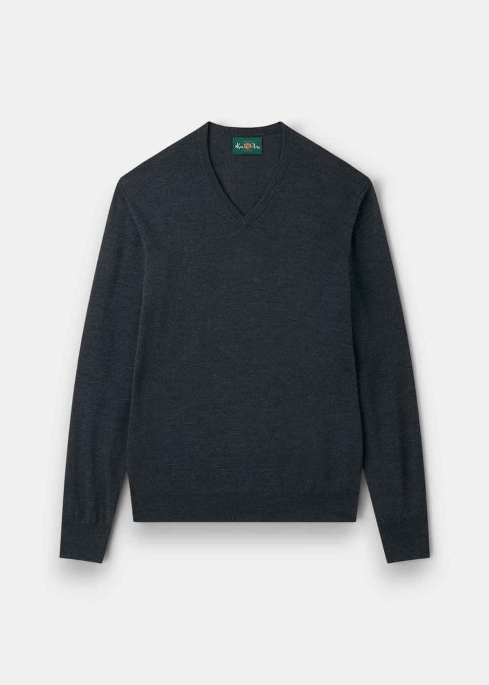 A dark charcoal gray V-neck knit sweater with long sleeves, displayed flat against a light gray background.