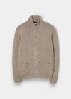 Landford Lambswool Buttoned Mock Neck Jumper in Cobble with ribbed cuffs, two pockets, and a high collar.