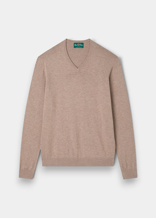 Alan Paine Rothwell coffee brown v-neck jumper in a soft pima cotton and cashmere blend with ribbed hem and cuffs.