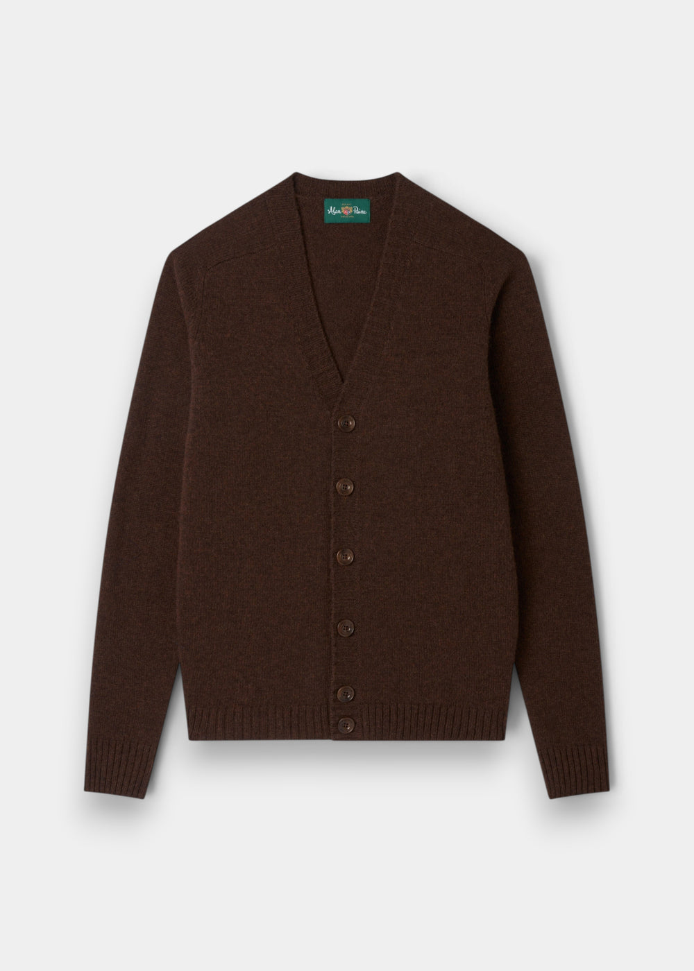 Kinloch Supersoft Shetland Wool V-Neck Cardigan in Coffee, button-up, long-sleeve, laid flat on light gray background.