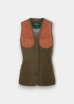 Combrook Ladies Willow Tweed Shooting Waistcoat, water repellent, tan suede patches, two pockets, four buttons.