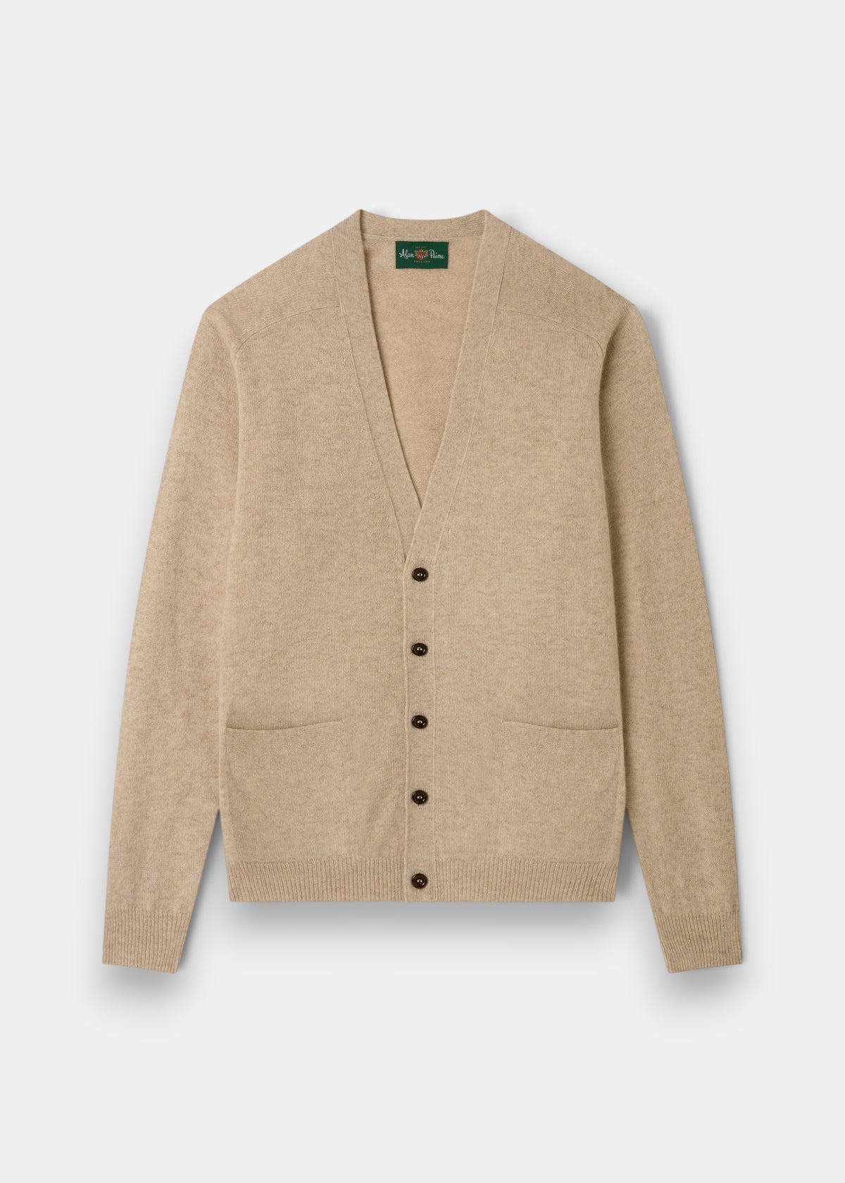 Cornwall Lambswool V-Neck Cardigan in Linen, classic fit, with front pockets, ribbed cuffs and hem on white background.