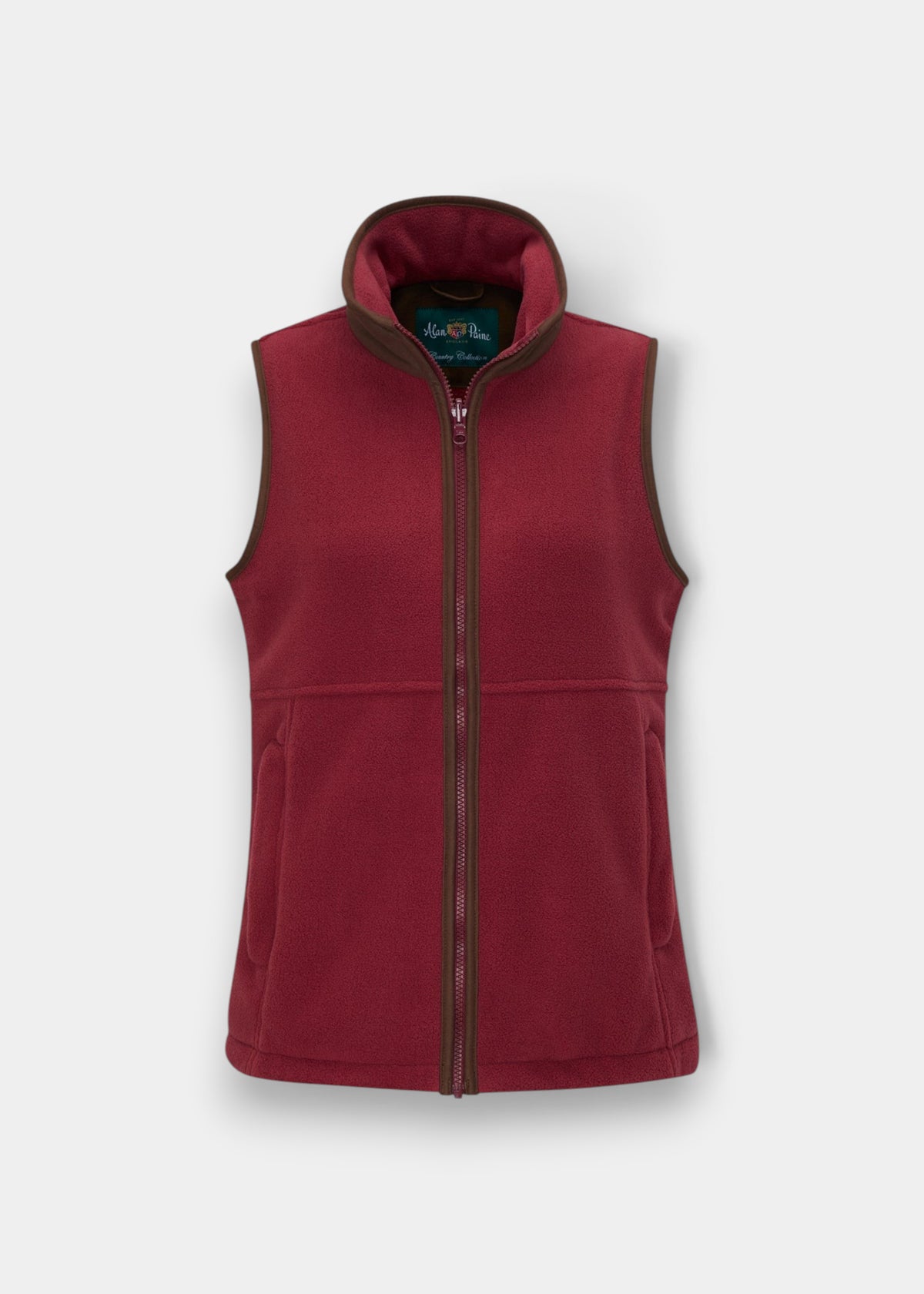 Alan Paine children's cranberry fleece waistcoat with brown mock suede trim, front zip, and adjustable waist.