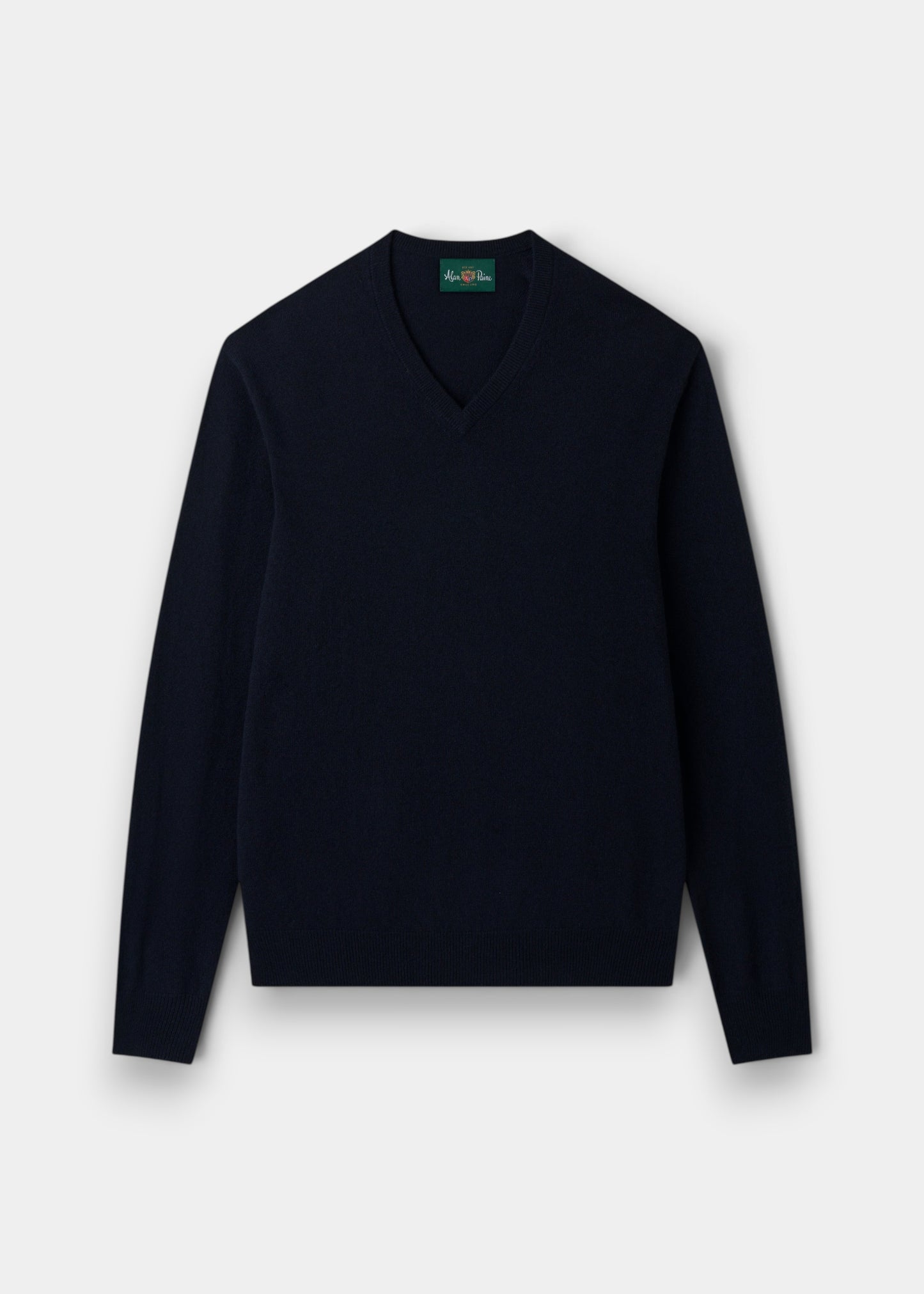 Alan Paine Haddington dark navy v-neck jumper in 100% cashmere with ribbed hem and cuffs