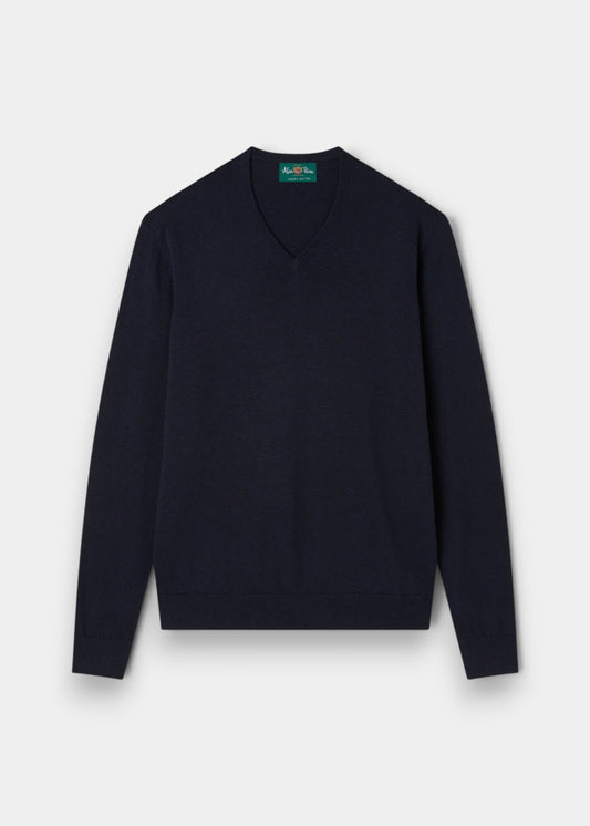 Alan Paine dark navy v-neck jumper in a soft pima cotton and cashmere blend with ribbed hem and cuffs.