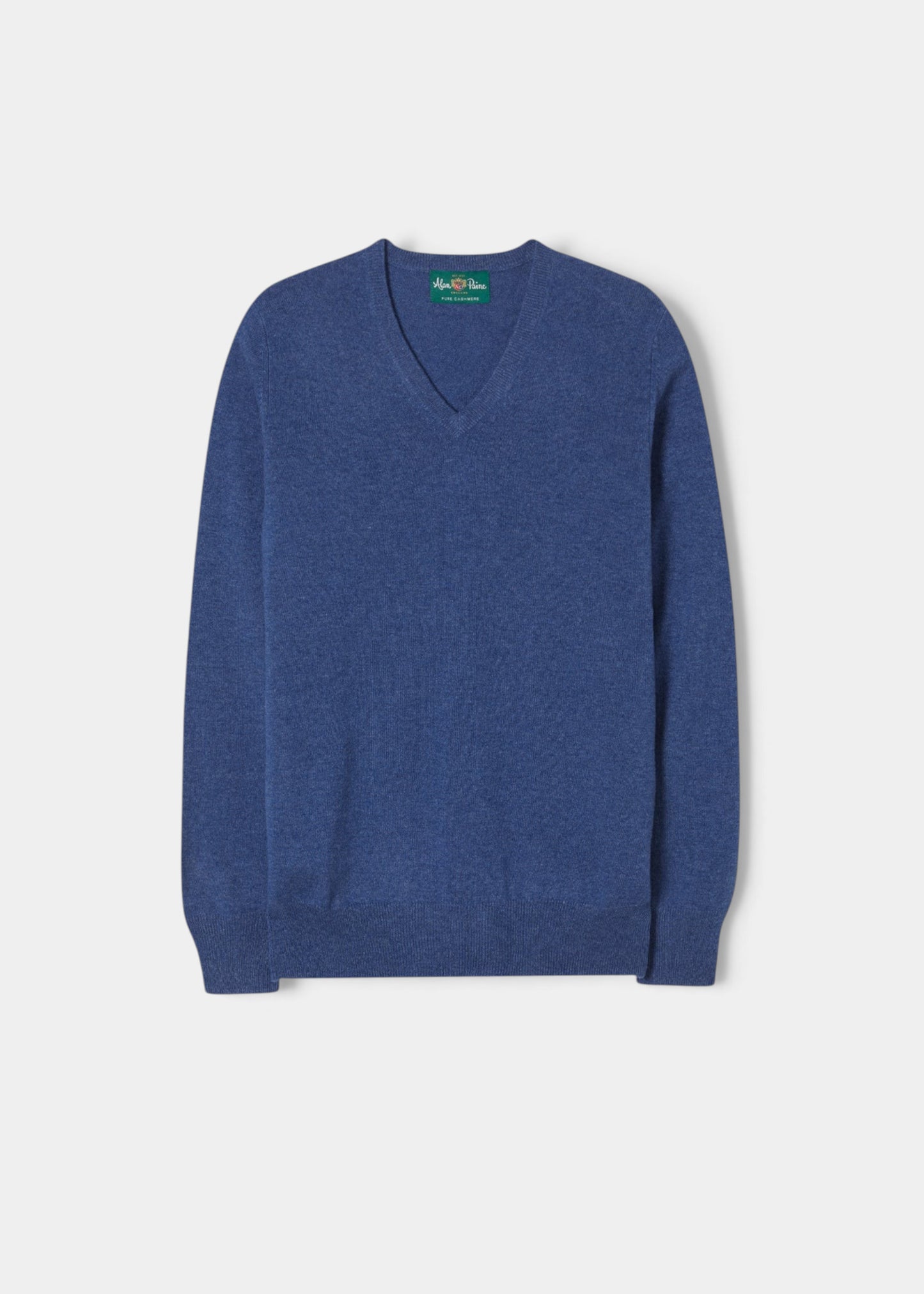 Alan Paine Haddington denim blue v-neck jumper in 100% cashmere with ribbed hem and cuffs.