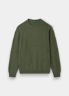 Alan Paine Dorset men's crew neck jumper in landscape green lambswool with saddle shoulder and ribbed trim.