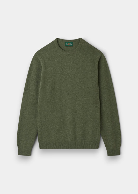 Alan Paine Dorset men's crew neck jumper in landscape green lambswool with saddle shoulder and ribbed trim.