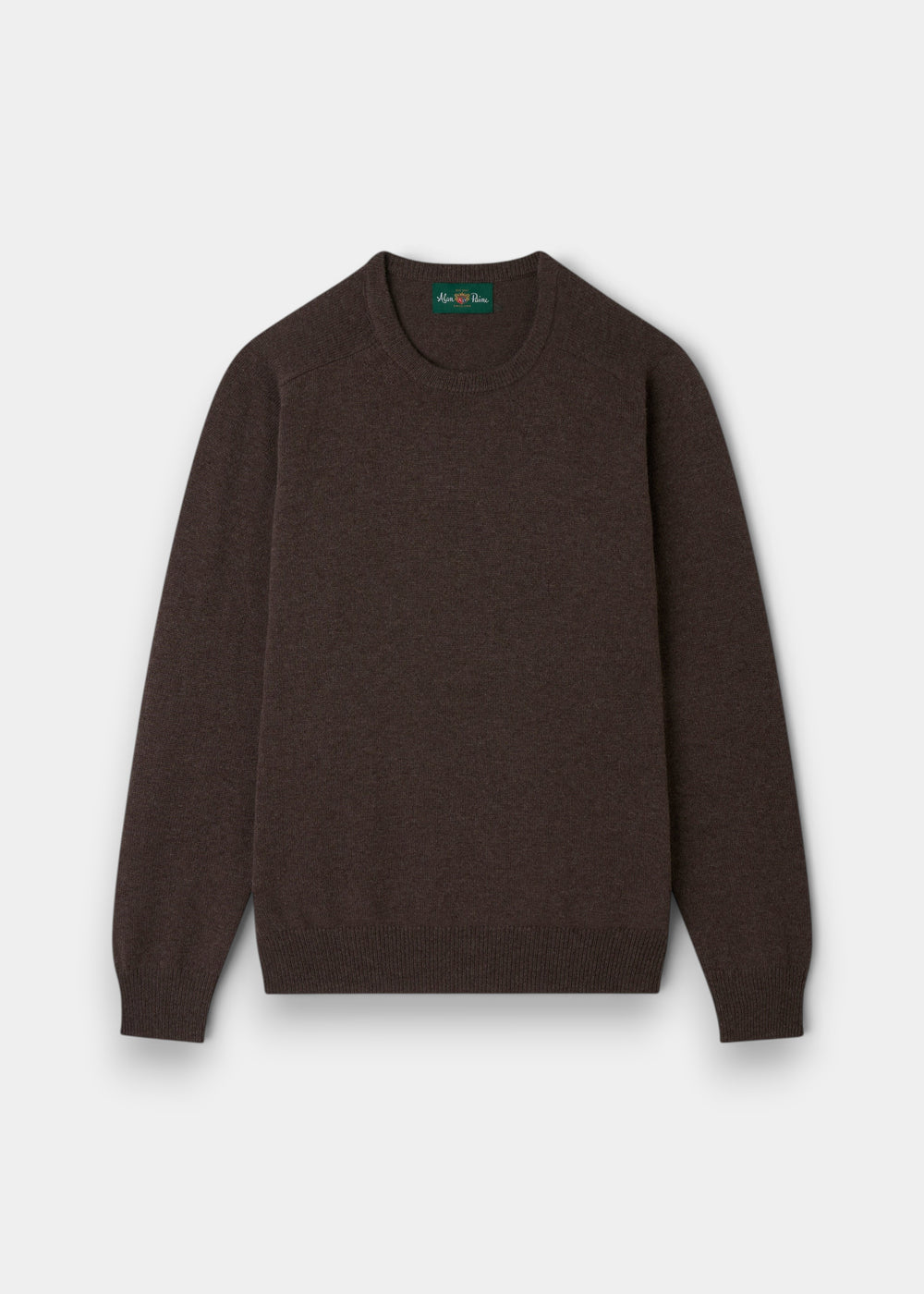 Dorset Lambswool Crew Neck Jumper in Mocha, classic fit, long-sleeved, is laid flat on a white background.