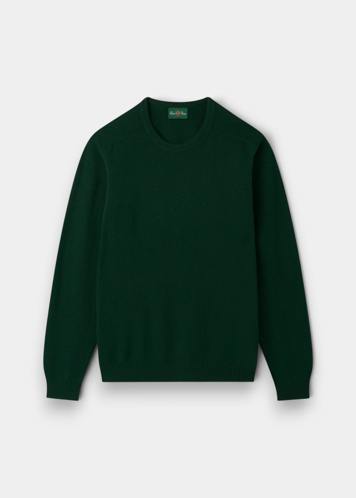 Dorset Lambswool Crew Neck Jumper in Tartan Green, classic fit, with ribbed cuffs and hem, laid on white background.
