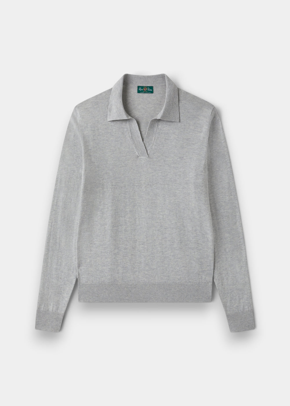 Alan Paine Uma dove grey cotton cashmere jumper with an open placket collar and long sleeves