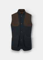 Alan Paine Dunswell men's dark navy water-repellent gilet with brown suede shoulder patches and gusseted pockets.