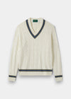 Alan Paine Sandridge ecru cotton cable knit cricket jumper with green and blue V-neck and hem trim