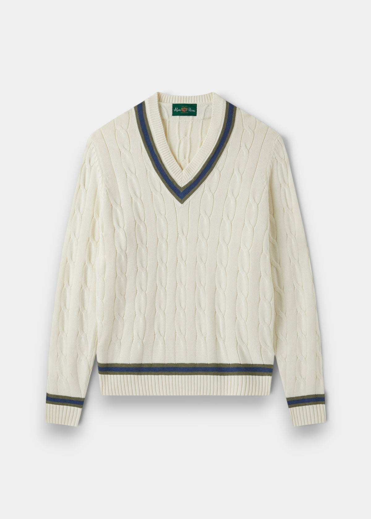 Alan Paine Sandridge ecru cotton cable knit cricket jumper with green and blue V-neck and hem trim