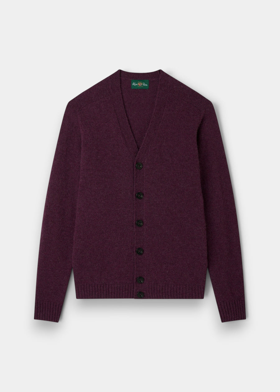Kinloch Supersoft Shetland Wool V-Neck Cardigan in Elderberry with black buttons, ribbed cuffs and hem, on white.