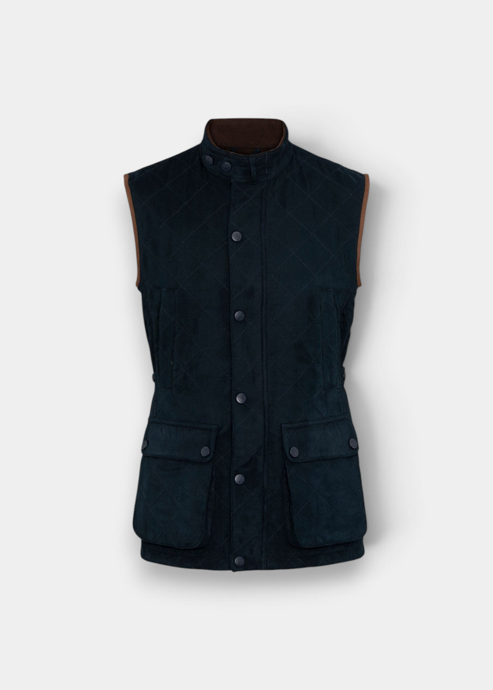 Felwell Men’s Waistcoat in dark navy with snap buttons, two large pockets, and a high collar on plain background.