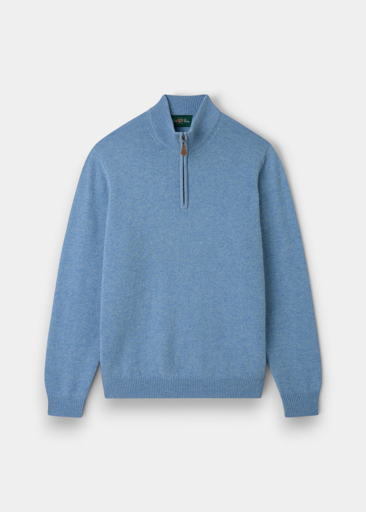 Alan Paine Sutherland lambswool quarter zip jumper in glacier blue with a leather zip pull and ribbed hem and cuffs.