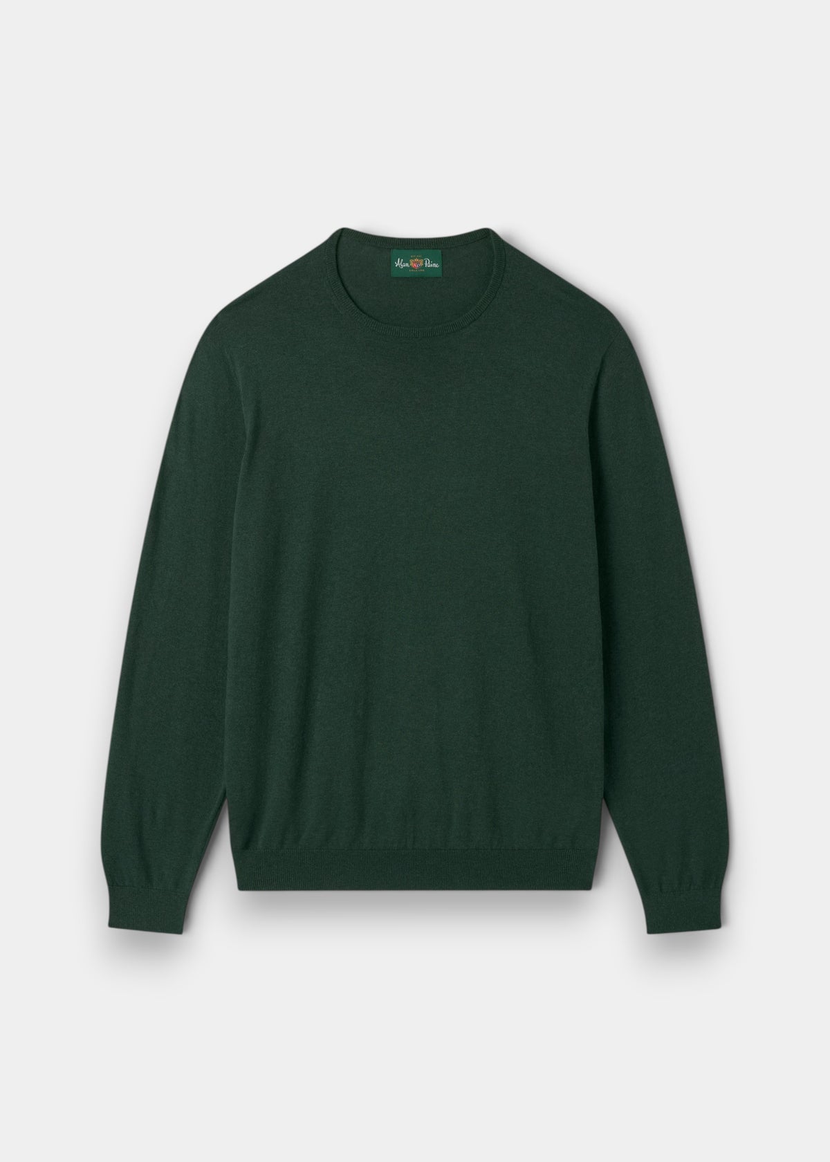 Alan Paine men's green crew neck jumper in a soft pima cotton, silk, and cashmere blend with ribbed cuffs and hem.